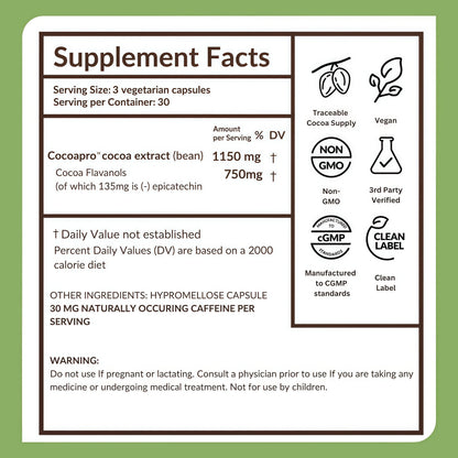 CocoaVia Ultra 750mg Cocoa Flavanols – Heart & Brain Support, Memory & Blood Circulation Booster, High Flavanol Cocoa for Nitric Oxide, Energy & Oxygen Boost, Vegan, Gluten-Free, 30-Day Supply