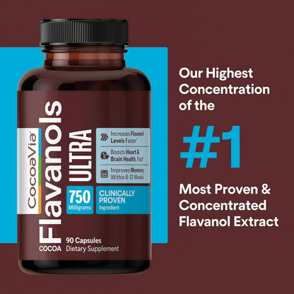 CocoaVia Ultra 750mg Cocoa Flavanols – Heart & Brain Support, Memory & Blood Circulation Booster, High Flavanol Cocoa for Nitric Oxide, Energy & Oxygen Boost, Vegan, Gluten-Free, 30-Day Supply
